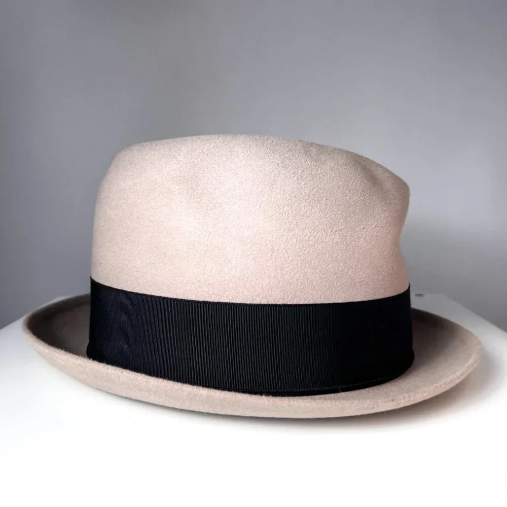 BORSALINO Vintage Beige Fedora Hat with Black Silk Ribbon, Made in Italy